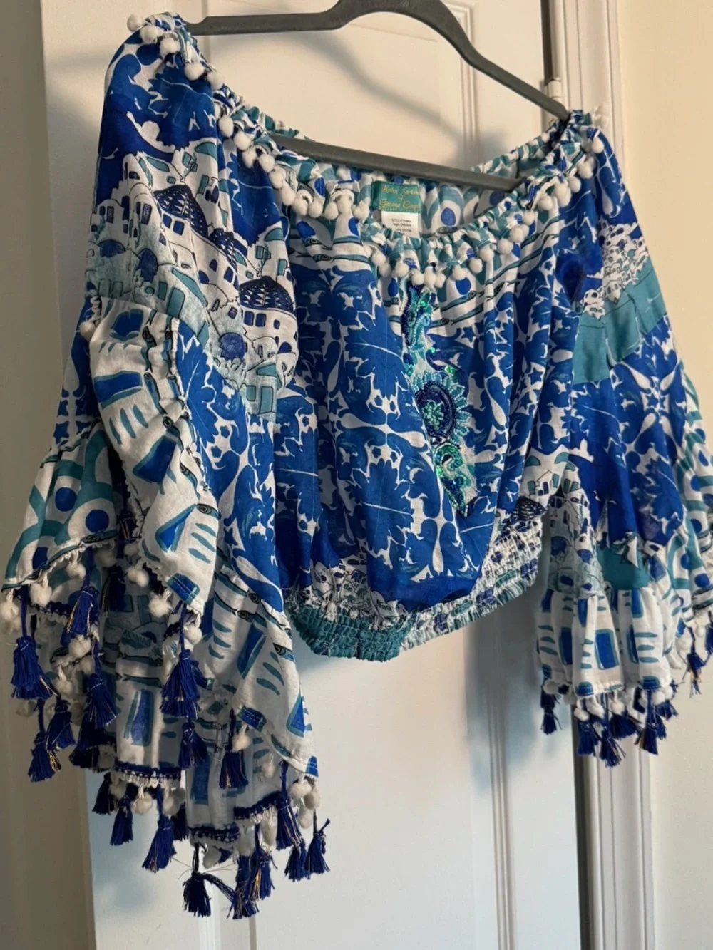 Antica Sartoria Positano Italy 2pc Top Skirt Set Blue Tassel Pom Pom OS